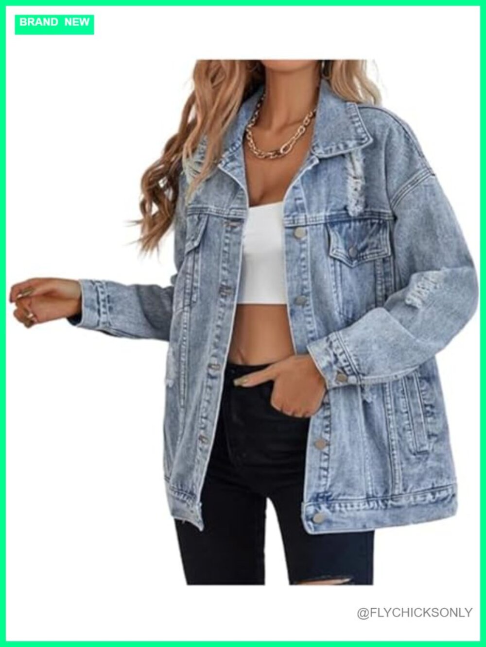 Oversized Distressed Denim Jacket Boyfriend Fit with Pockets